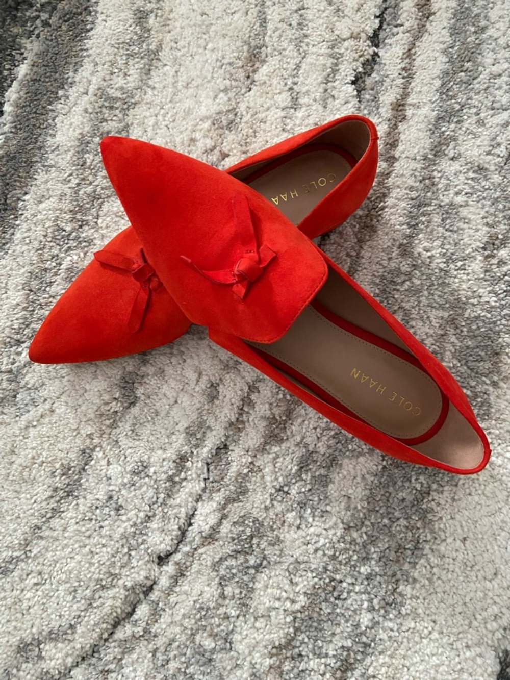 Cole Haan Red Suede Pointed Toe Loafers with Bow Accent